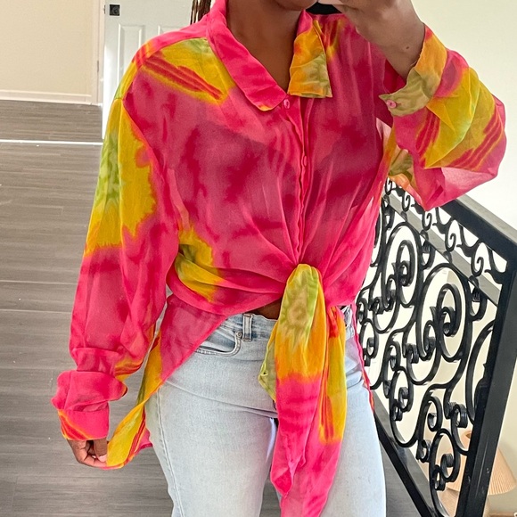 Vintage Sheer Blouse Top Shirt Oversized Button Up - Picture 5 of 10